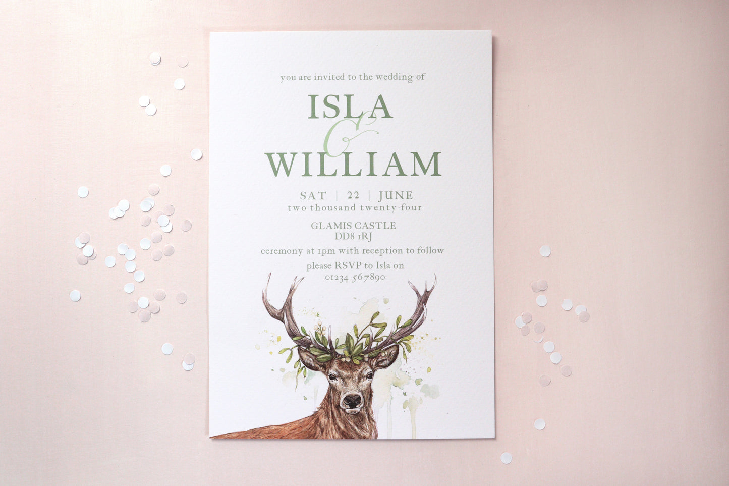 Woodland Stag Wedding Invitation, Scottish Rustic Deer Winter Wedding Invites A5 or 5x7", Sage Green