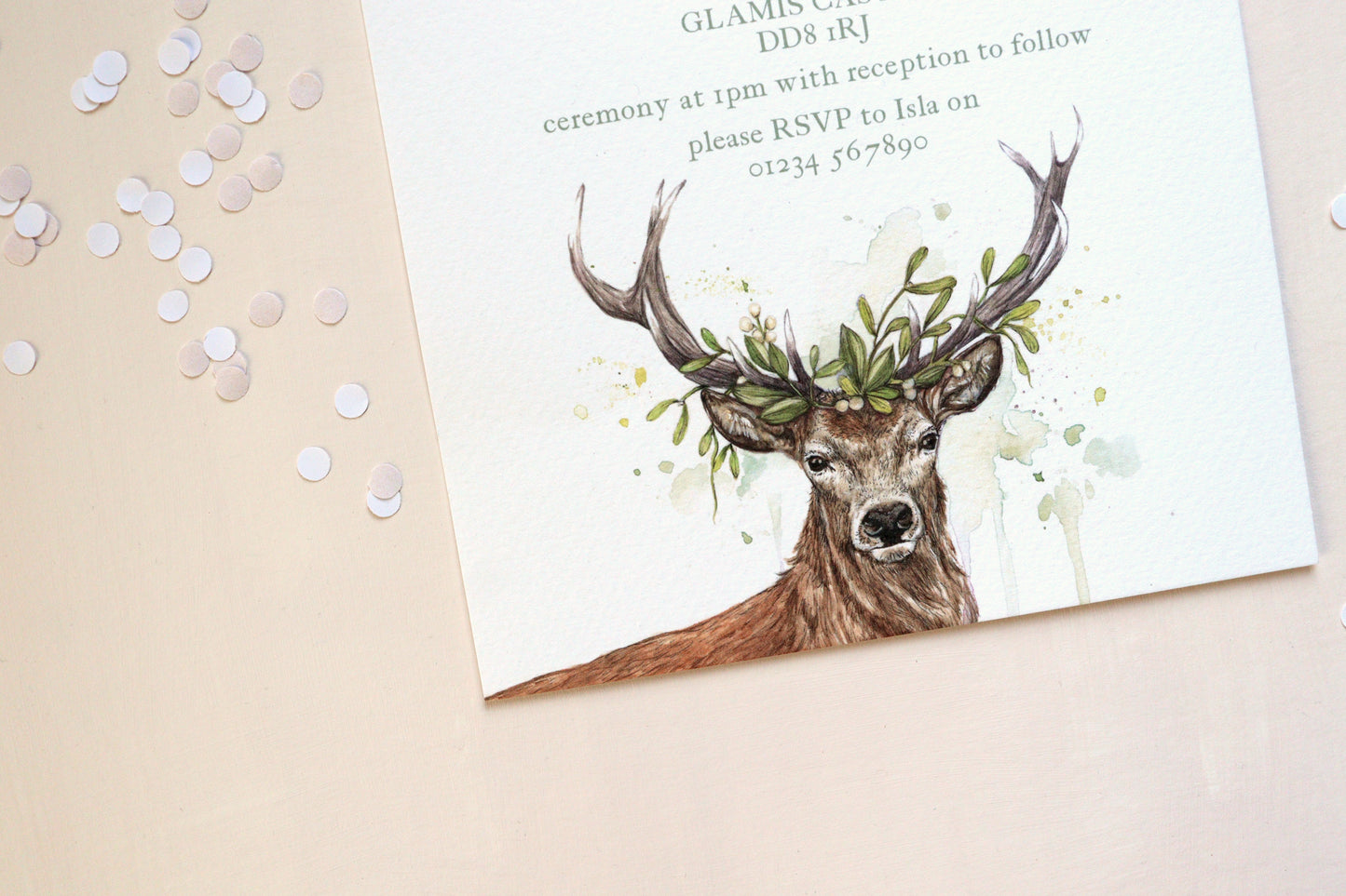 Woodland Stag Wedding Invitation, Scottish Rustic Deer Winter Wedding Invites A5 or 5x7", Sage Green