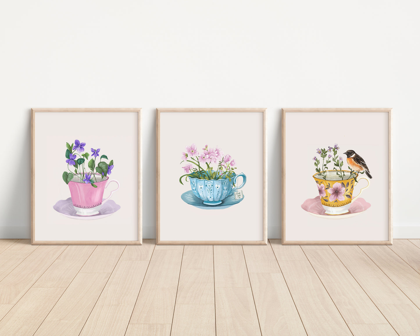 Set of 3 Vintage Teacups Illustrated Botanical Prints, Colourful Kitchen Print 8x10" 5x7" A4