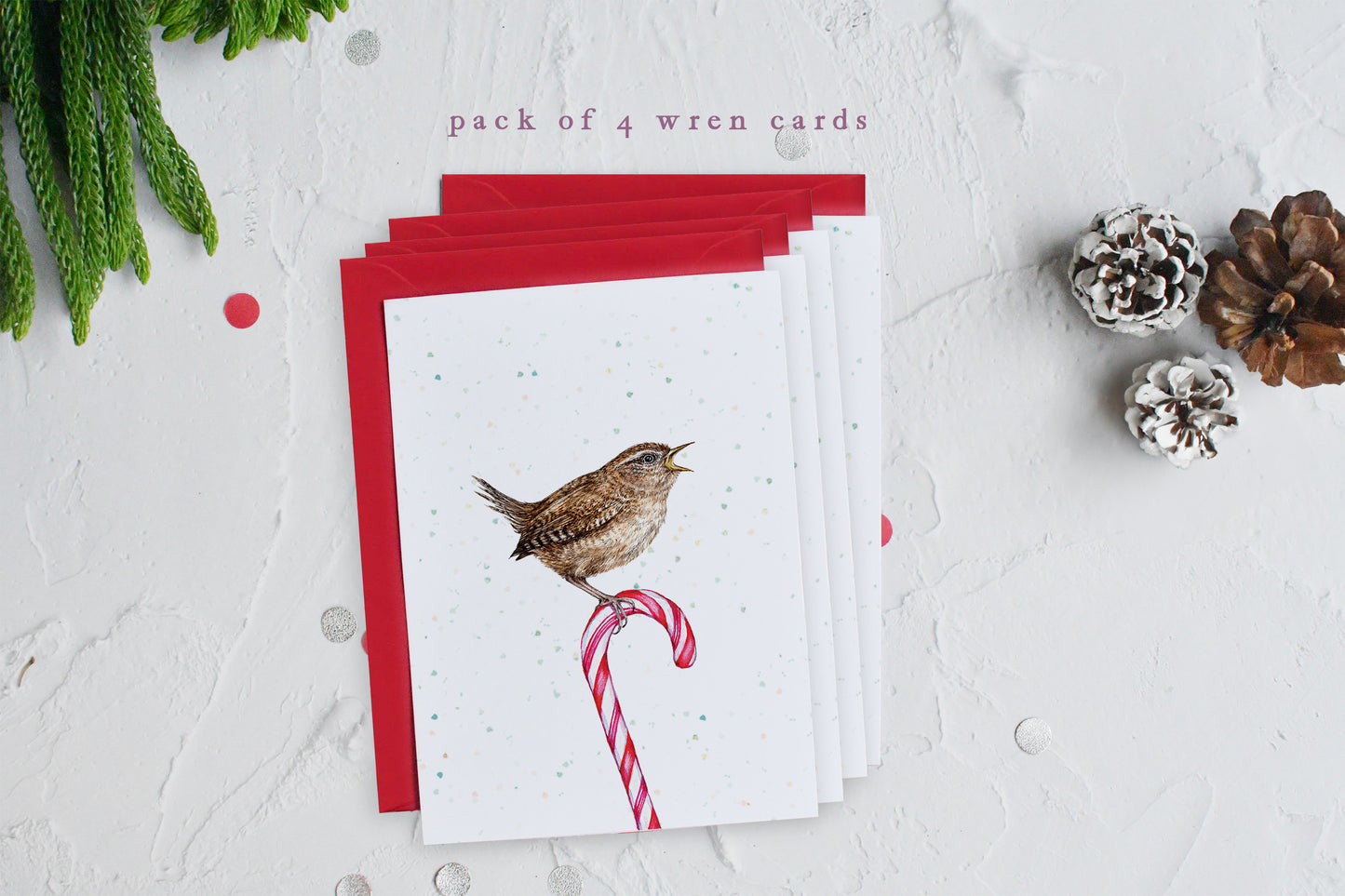 Candy Cane Wren Christmas Card, Watercolour Bird Festive Greetings Card A6