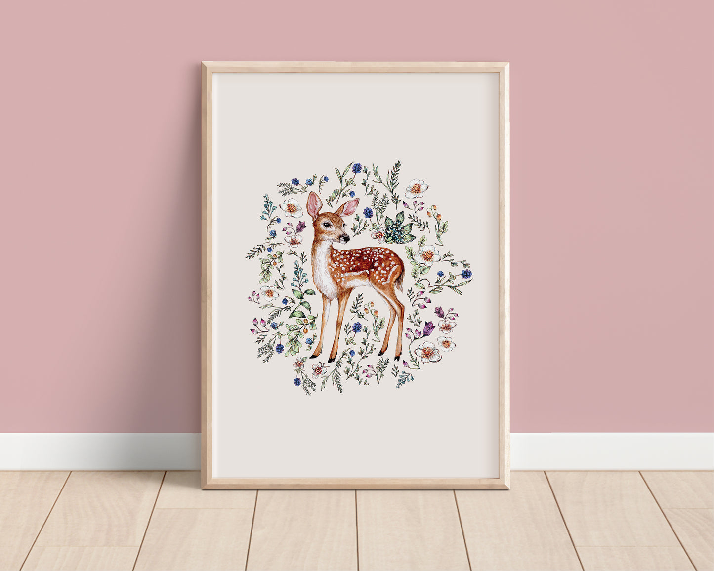 Watercolour Fawn Print, Wildflowers Botanical Deer, Floral Deer Nursery Artwork, Giclee Fine Art Print 8x10" 8x10" A4 10x10"