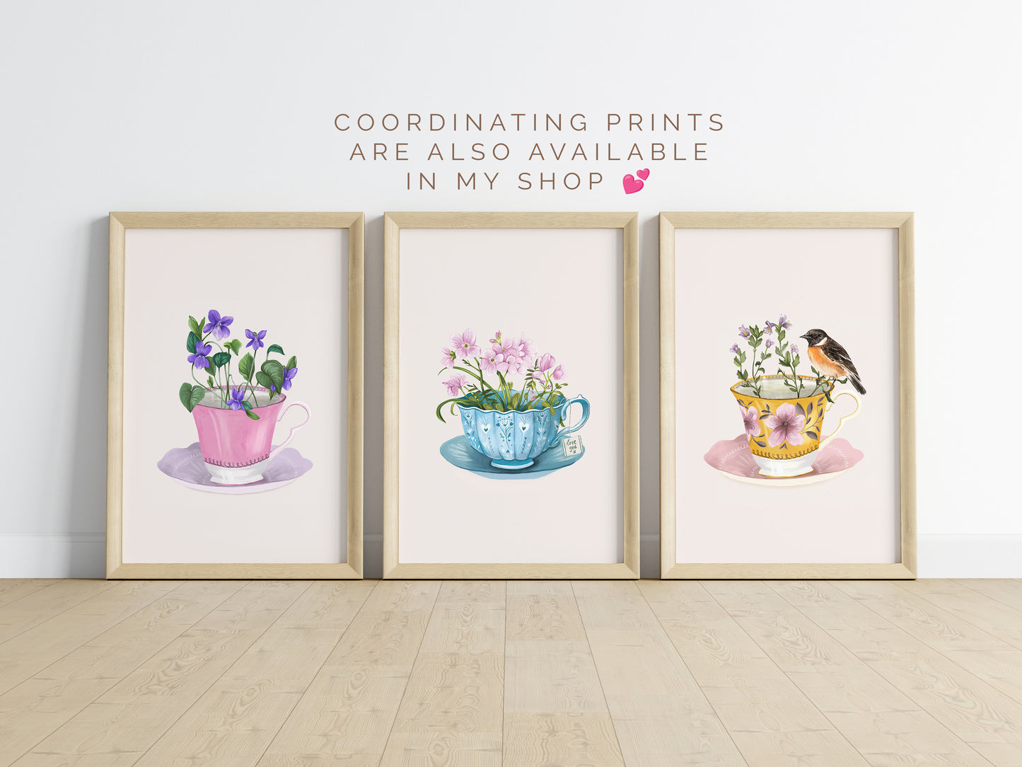 Vintage Teacup with Stonechat, Illustrated Whimsical Botanical and Bird Print for Kitchen 8x10" 5x7" A4