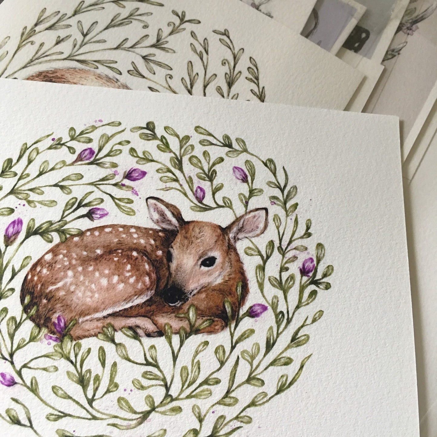 Watercolour Deer Print Square Print Illustration, Fawn Print, Botanical Art, Nursery Art, Nature Floral Art Print - 8x8" 7x7" 5x5"