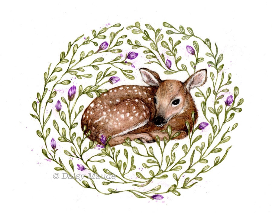 Watercolour Deer Print Square Print Illustration, Fawn Print, Botanical Art, Nursery Art, Nature Floral Art Print - 8x8" 7x7" 5x5"