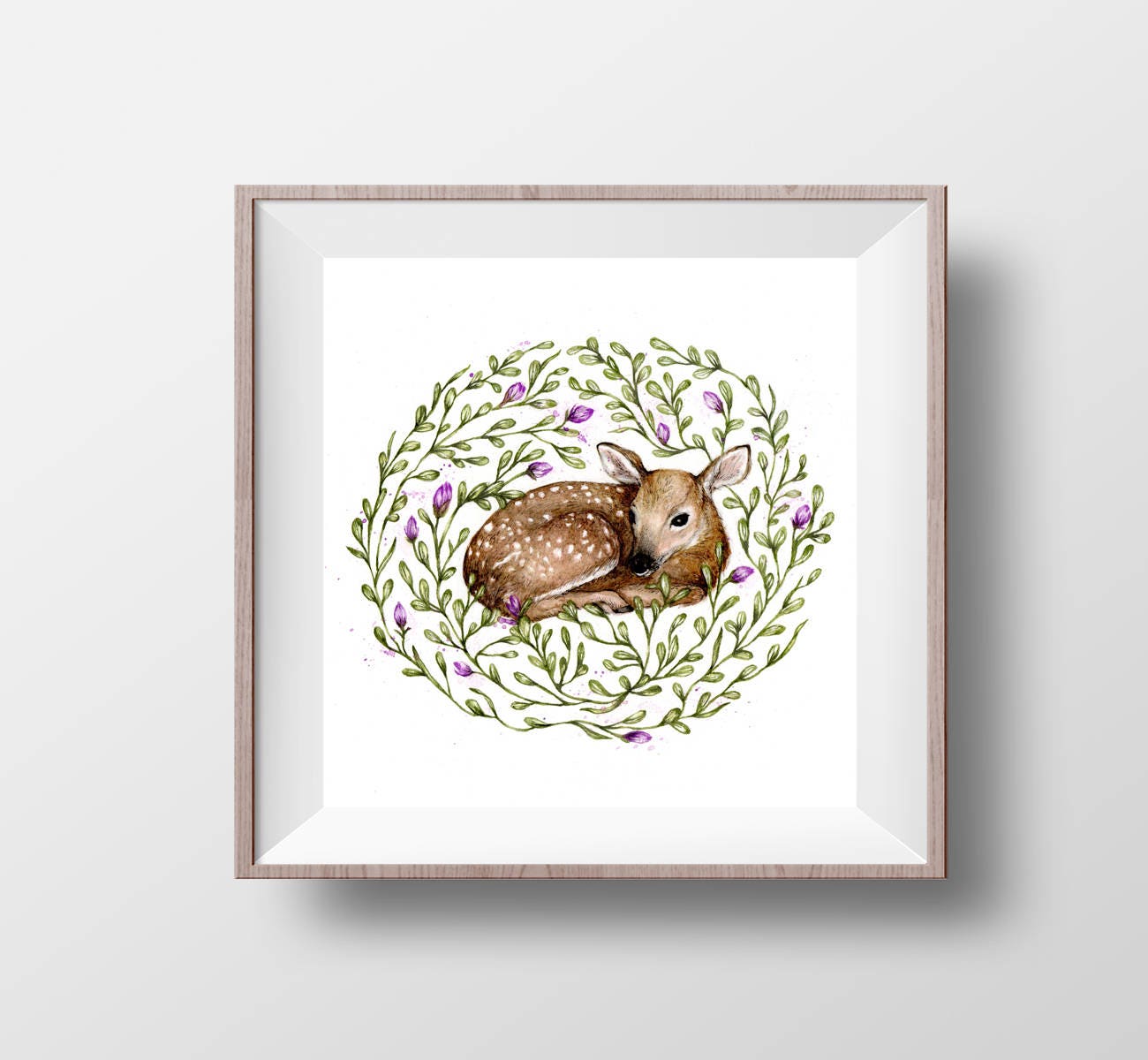Watercolour Deer Print Square Print Illustration, Fawn Print, Botanical Art, Nursery Art, Nature Floral Art Print - 8x8" 7x7" 5x5"