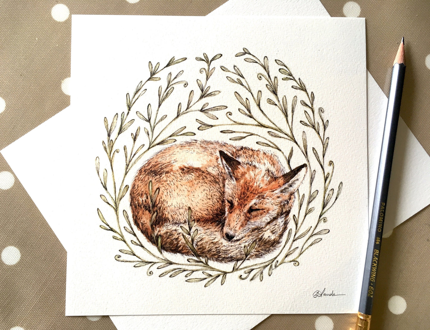 Little Sleeping Fox - Square Print Nature Watercolour Pen Ink Illustration Fine Art Print, Animal Nursery Art - 8x8" 7x7" 5x5" 4x4"