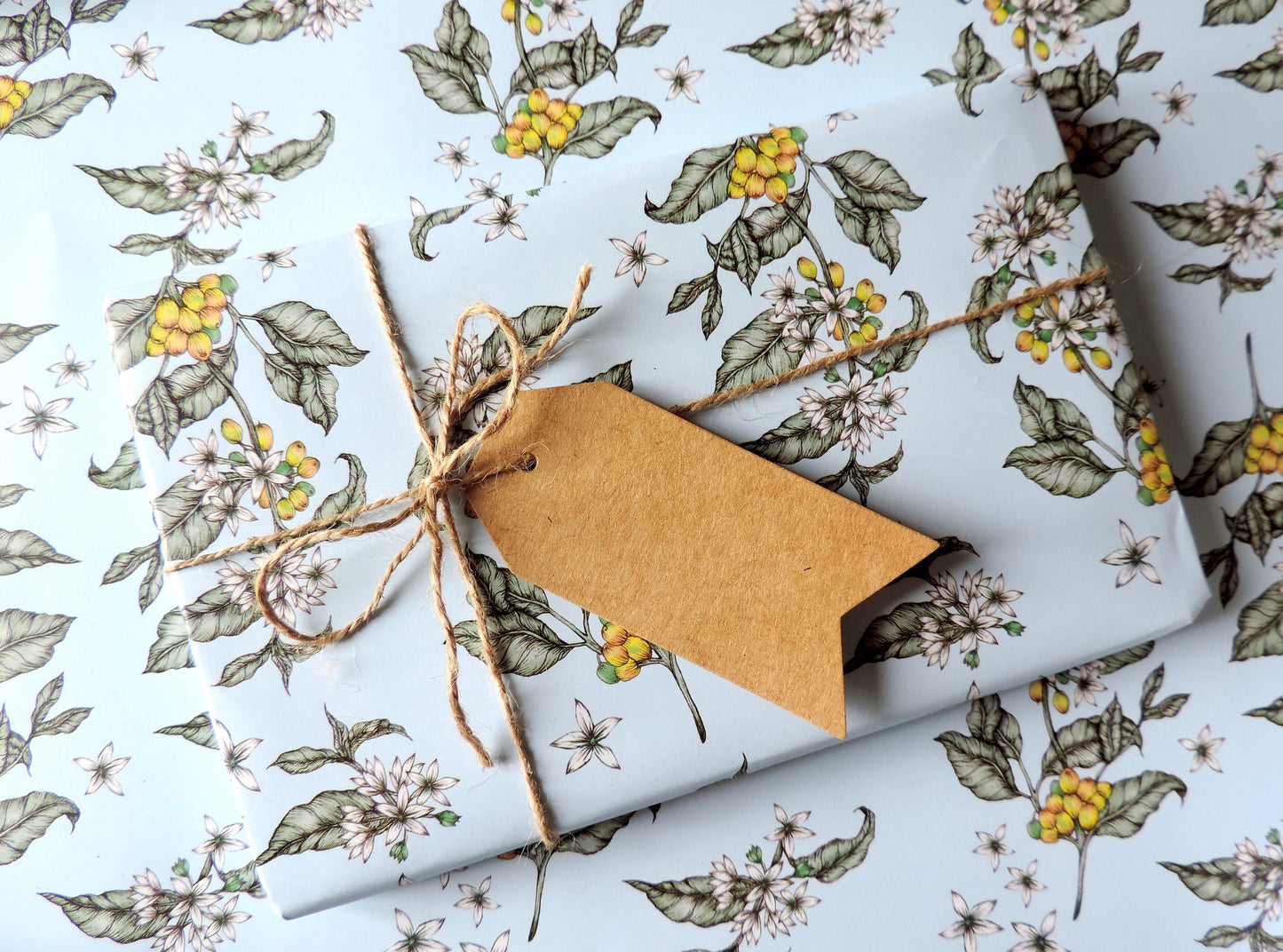 Coffee Plant Floral Wrapping Paper Blue Botanical Patterned Birthday Gift Wrap Sheets