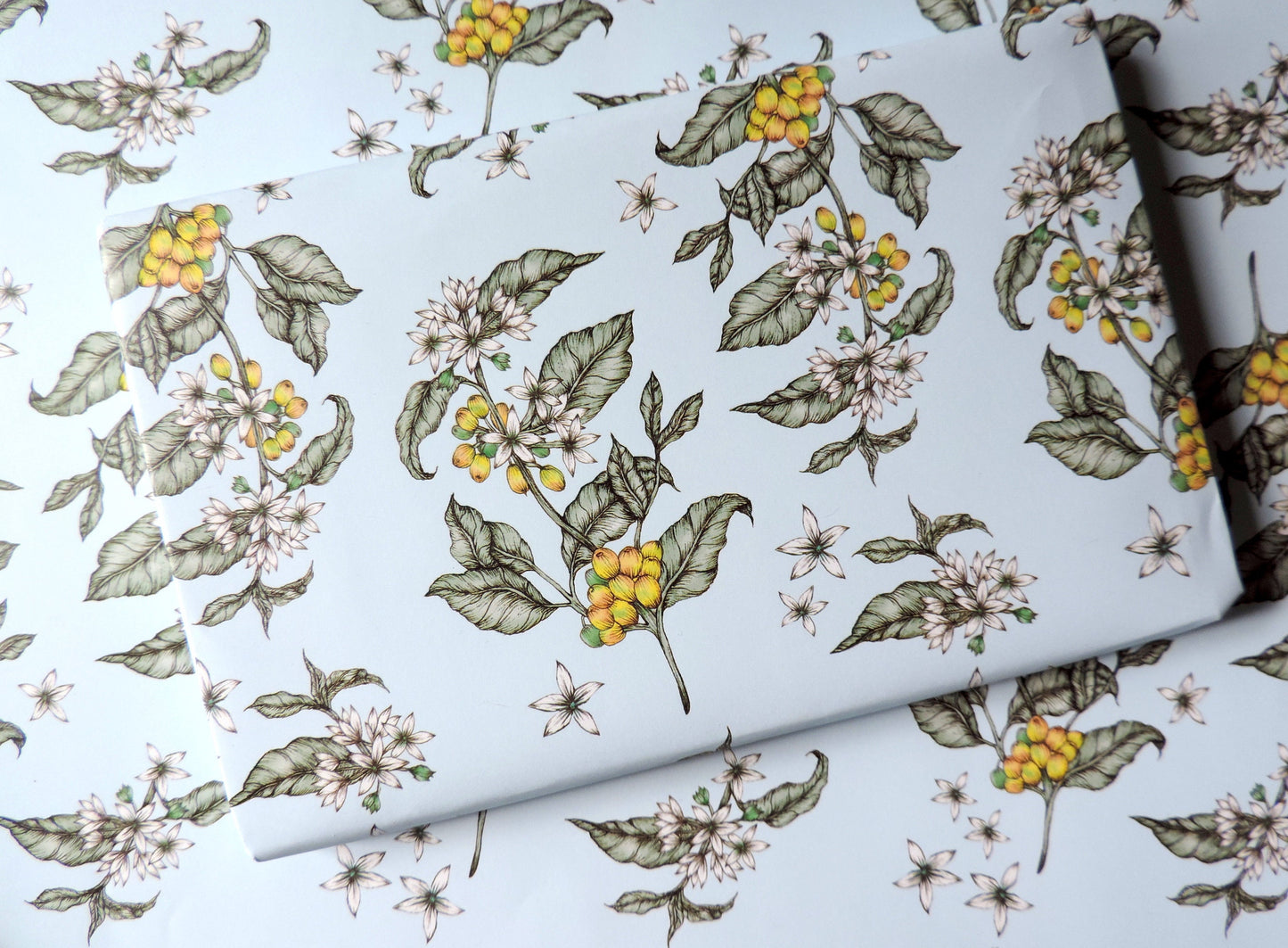 Coffee Plant Floral Wrapping Paper Blue Botanical Patterned Birthday Gift Wrap Sheets