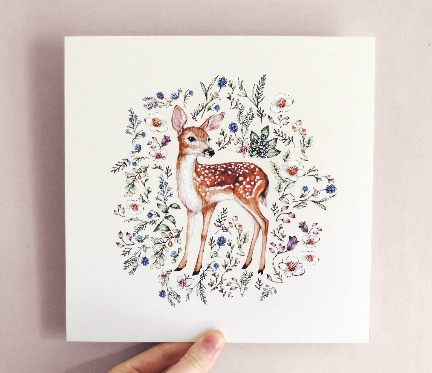Watercolour Fawn Print, Wildflowers Botanical Deer, Floral Deer Nursery Artwork, Giclee Fine Art Print 8x8" 8x10" 10x10"
