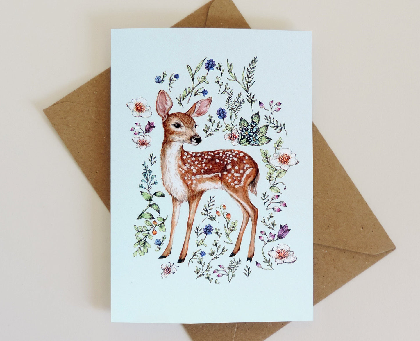 Watercolour Fawn Greetings Card, Wildflowers Deer Floral Animal Illustrated Personalised Birthday Card A6