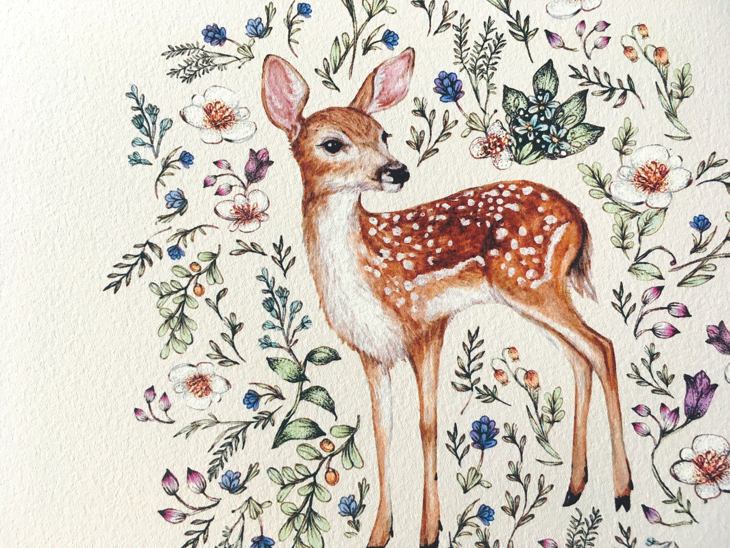 Watercolour Fawn Print, Wildflowers Botanical Deer, Floral Deer Nursery Artwork, Giclee Fine Art Print 8x8" 8x10" 10x10"