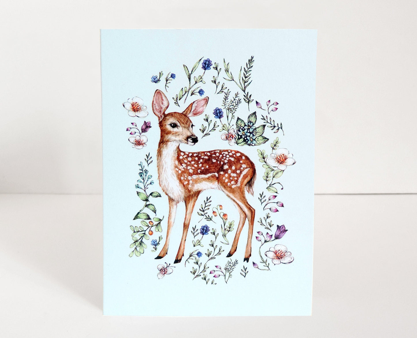 Watercolour Fawn Greetings Card, Wildflowers Deer Floral Animal Illustrated Personalised Birthday Card A6