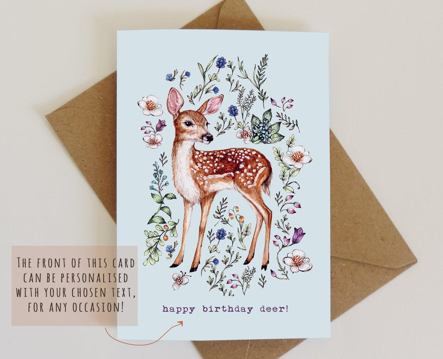 Watercolour Fawn Greetings Card, Wildflowers Deer Floral Animal Illustrated Personalised Birthday Card A6