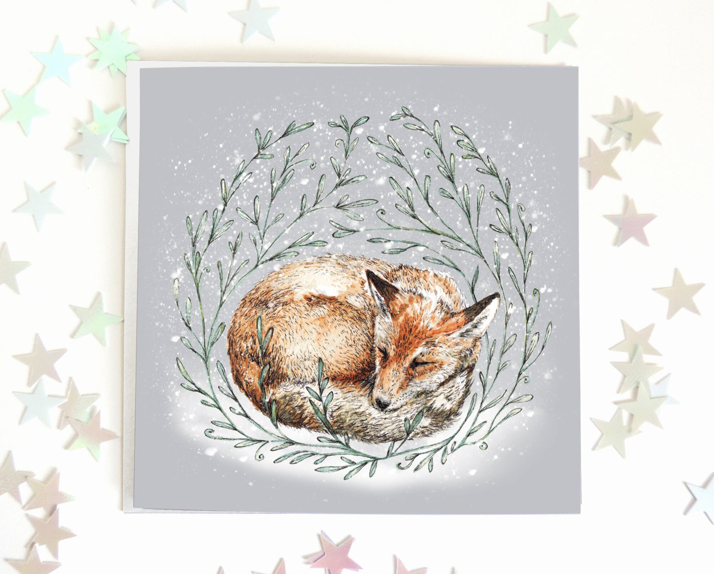 Sleeping Fox Christmas Card, Winter Snow Illustrated Watercolour Holiday Animal Greetings Card
