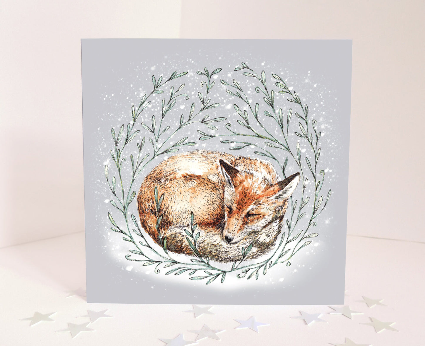 Sleeping Fox Christmas Card, Winter Snow Illustrated Watercolour Holiday Animal Greetings Card