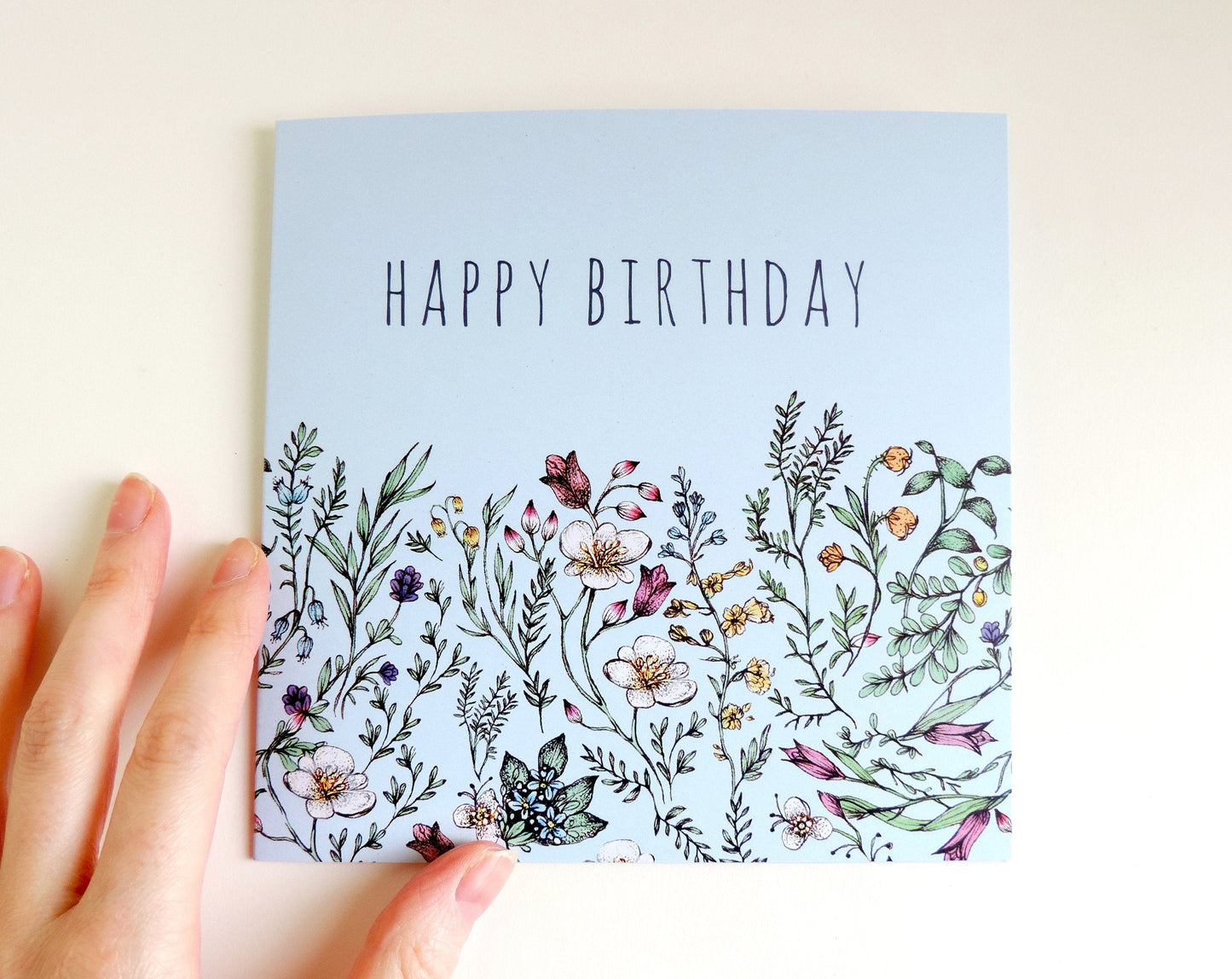 Personalised Botanical Birthday Card, Mum Grandma Floral Watercolour Illustrated Blue Wildflower Greetings Card