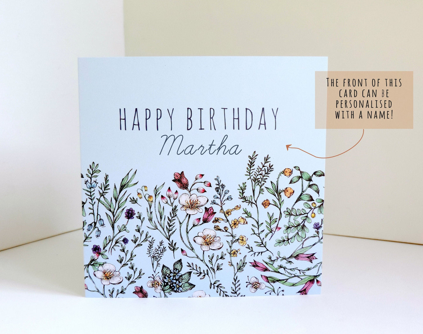 Personalised Botanical Birthday Card, Mum Grandma Floral Watercolour Illustrated Blue Wildflower Greetings Card