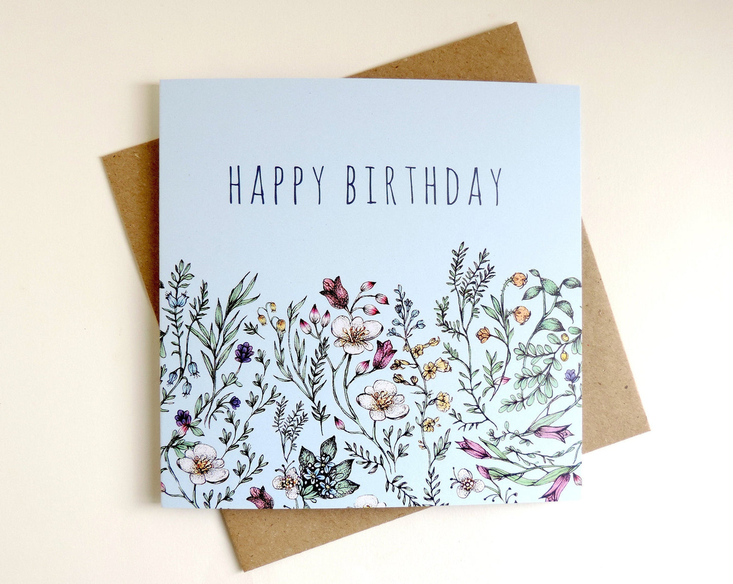 Personalised Botanical Birthday Card, Mum Grandma Floral Watercolour Illustrated Blue Wildflower Greetings Card