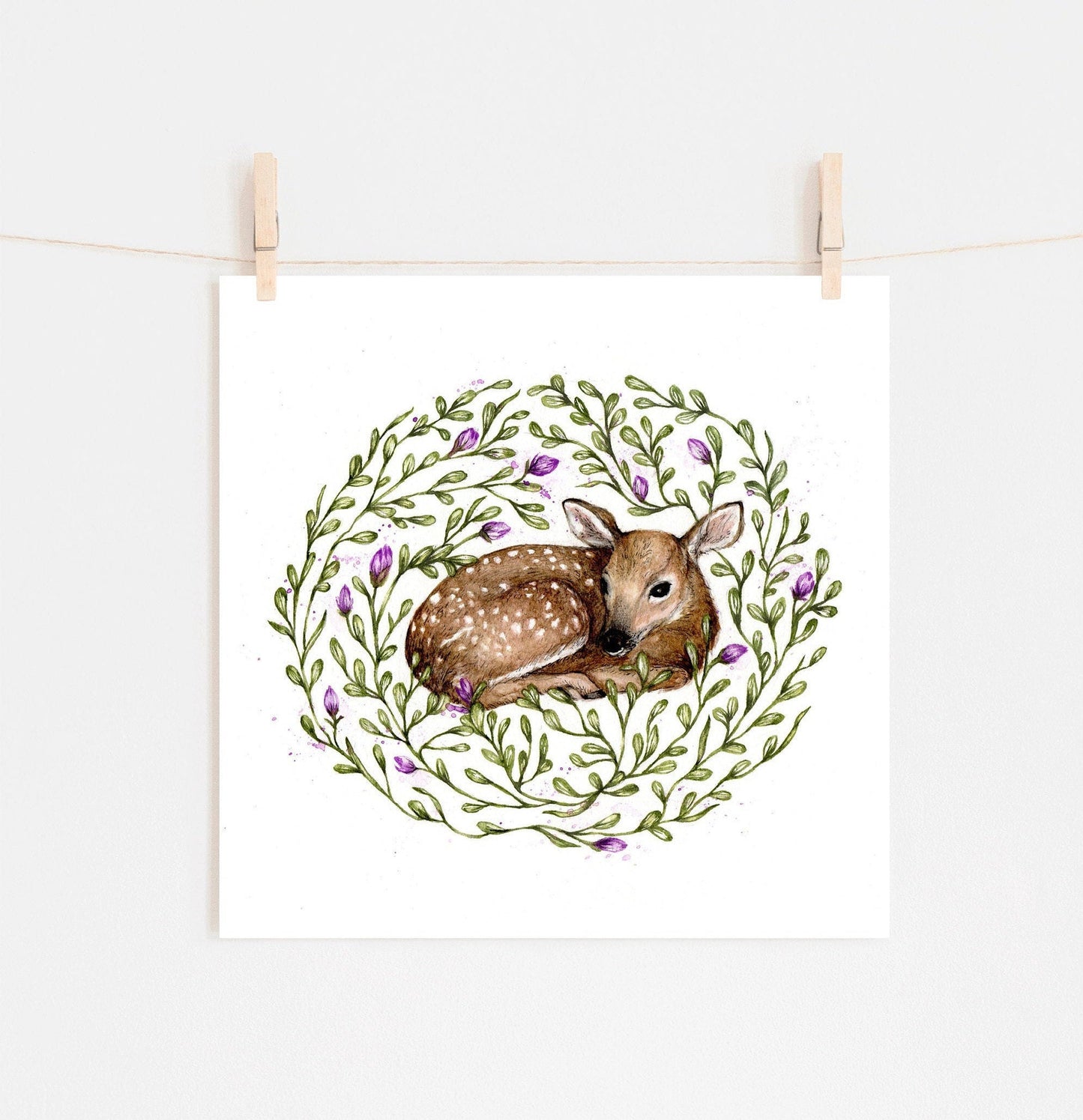 Watercolour Deer Print Square Print Illustration, Fawn Print, Botanical Art, Nursery Art, Nature Floral Art Print - 8x8" 7x7" 5x5"