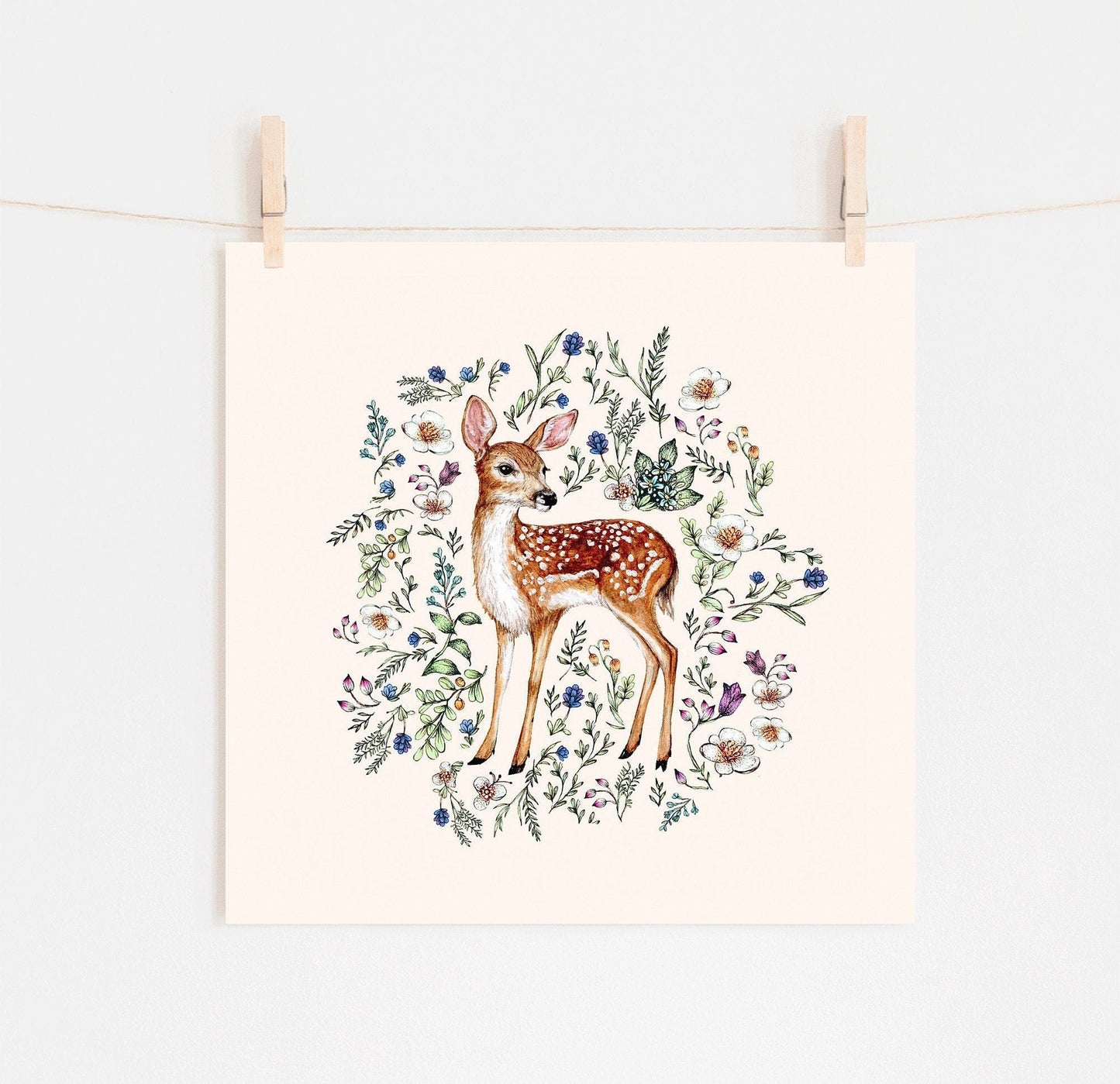 Watercolour Fawn Print, Wildflowers Botanical Deer, Floral Deer Nursery Artwork, Giclee Fine Art Print 8x10" 8x10" A4 10x10"