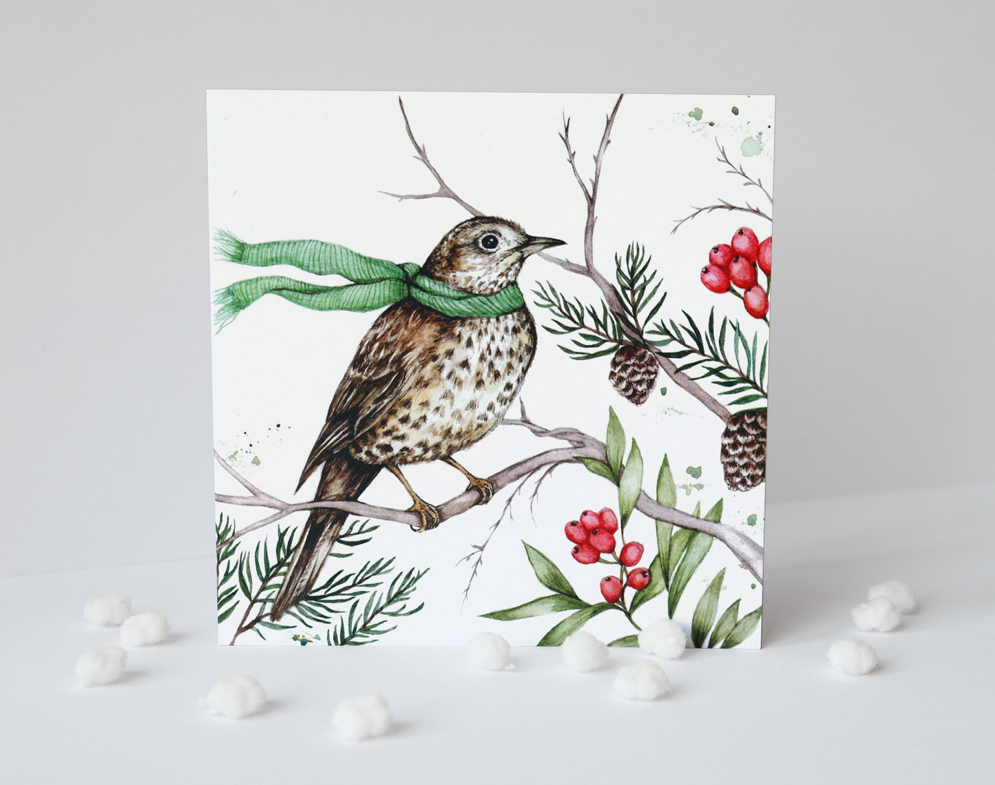 Song Thrush Bird Christmas Card, Watercolour Illustrated Xmas Greetings Card