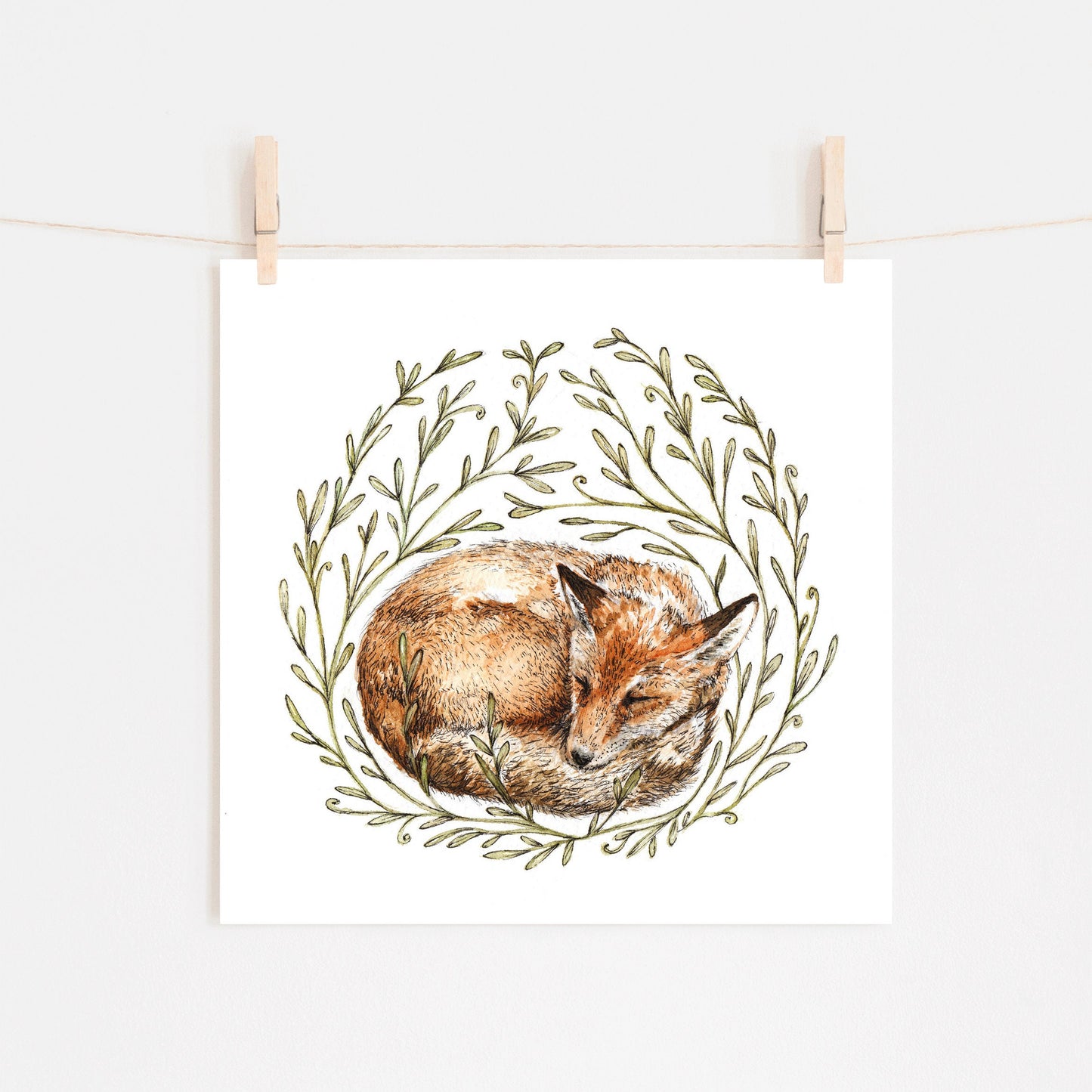 Little Sleeping Fox - Square Print Nature Watercolour Pen Ink Illustration Fine Art Print, Animal Nursery Art - 8x8" 7x7" 5x5" 4x4"