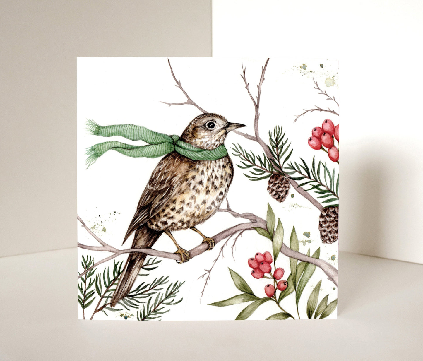 Song Thrush Bird Christmas Card, Watercolour Illustrated Xmas Greetings Card