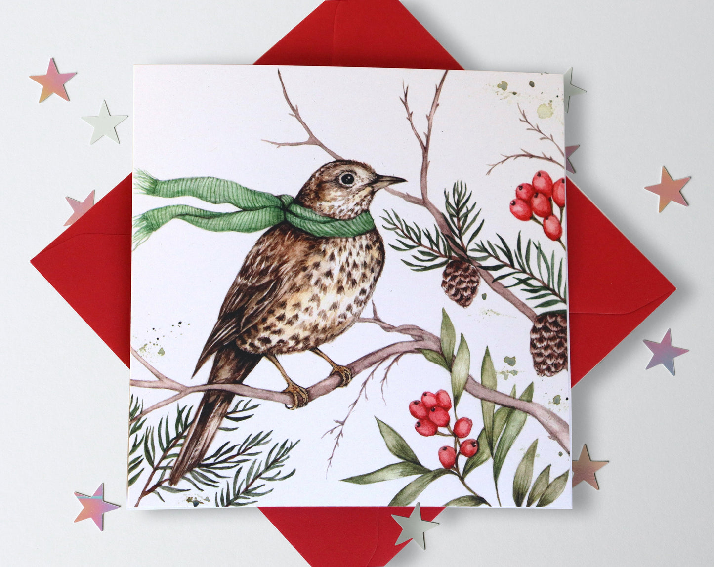 Song Thrush Bird Christmas Card, Watercolour Illustrated Xmas Greetings Card