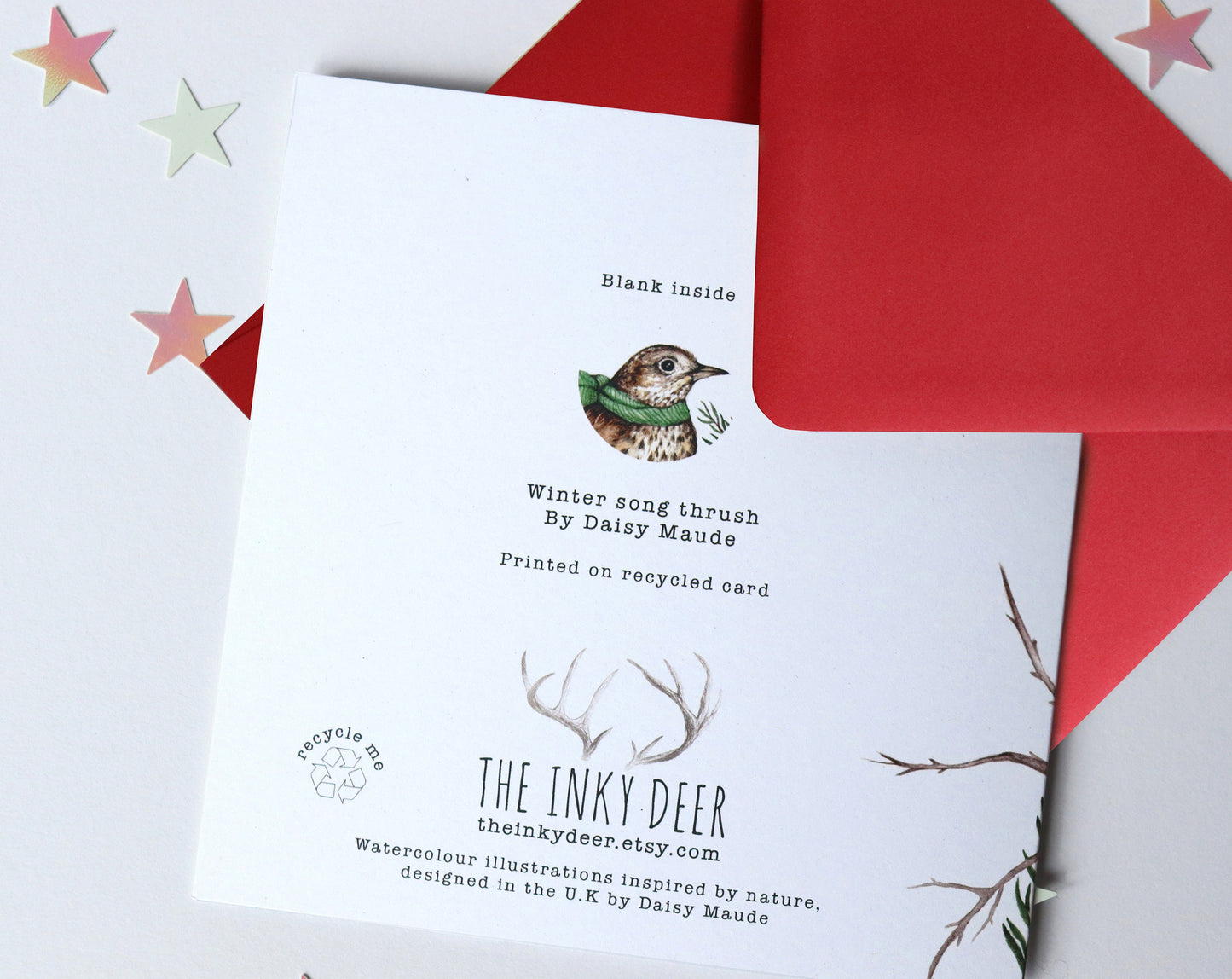 Song Thrush Bird Christmas Card, Watercolour Illustrated Xmas Greetings Card