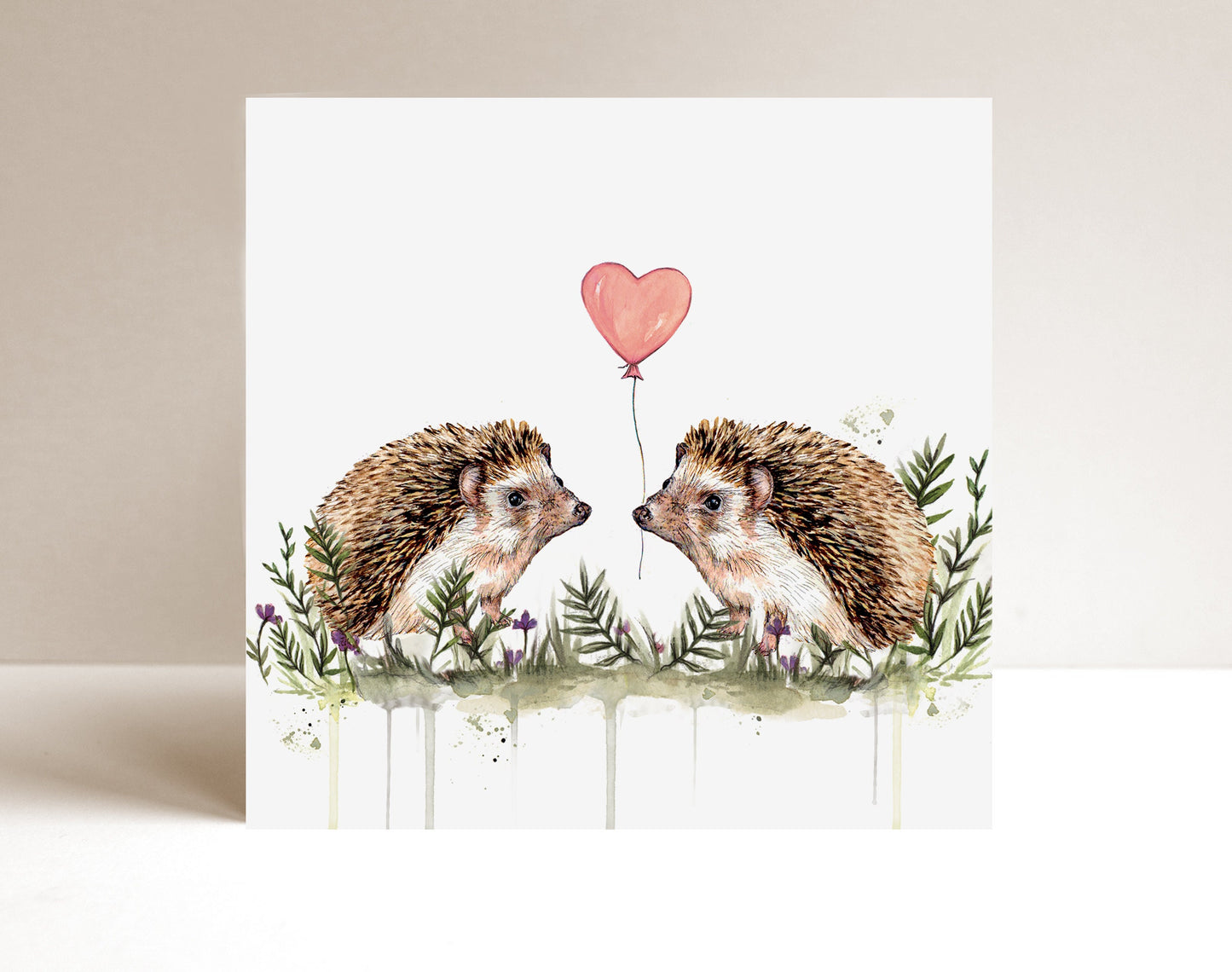 Hedgehogs Greetings Card, Watercolour Hedgehog Valentines Couple Anniversary Birthday Balloon Illustrated Card