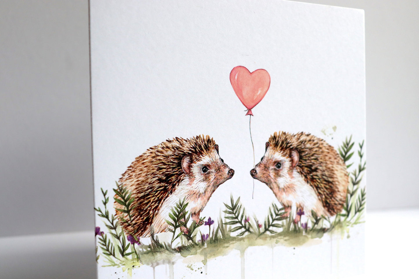 Hedgehogs Greetings Card, Watercolour Hedgehog Valentines Couple Anniversary Birthday Balloon Illustrated Card