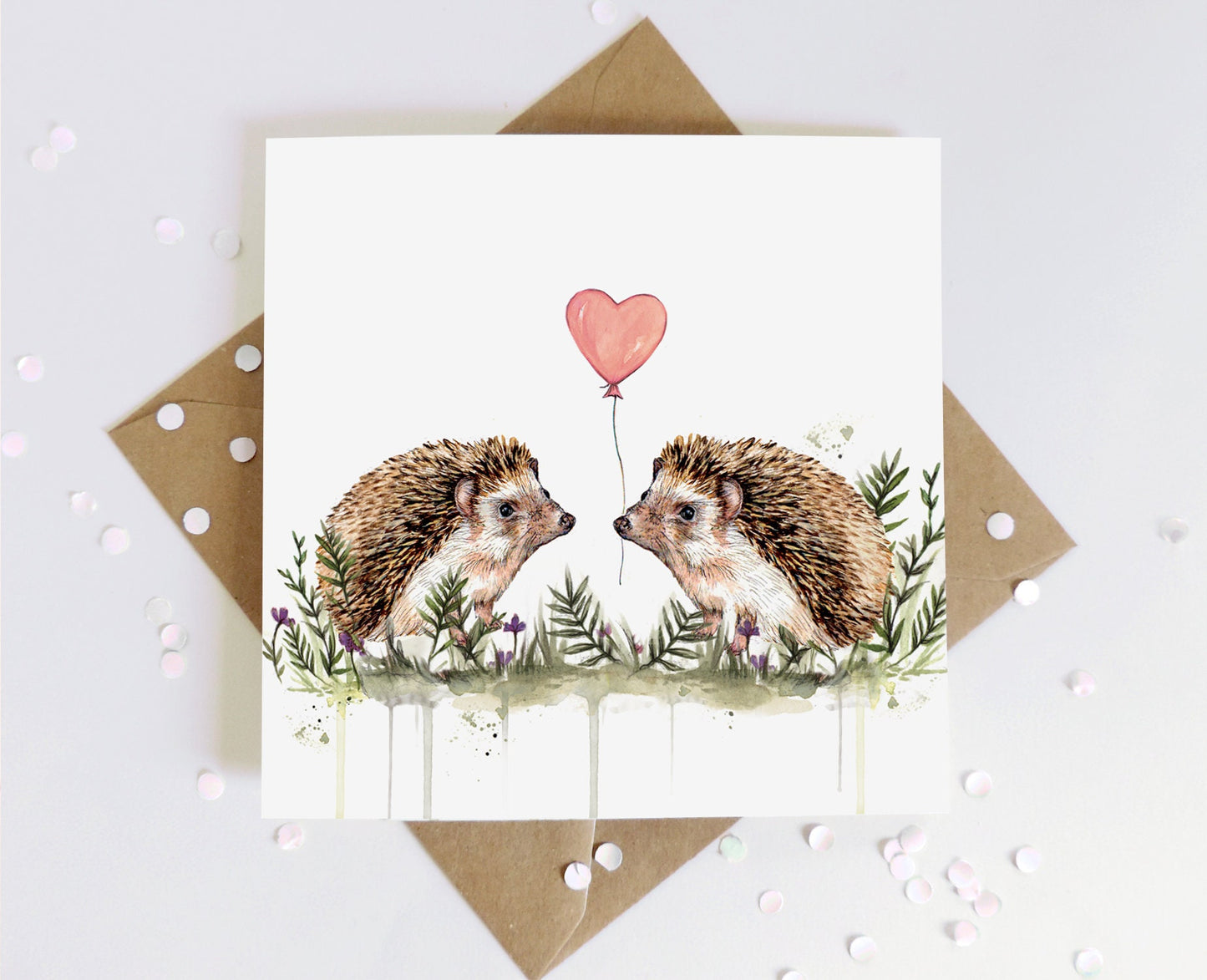 Hedgehogs Greetings Card, Watercolour Hedgehog Valentines Couple Anniversary Birthday Balloon Illustrated Card