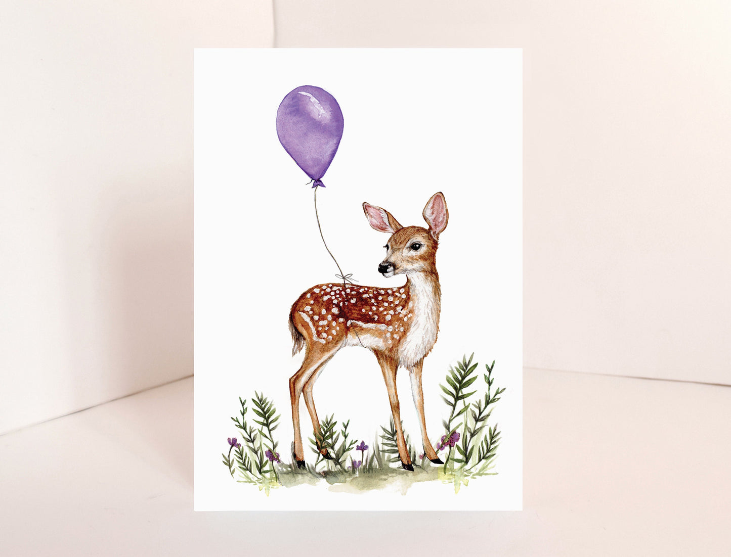 Florence the Fawn Greetings Card, Watercolour Illustrated Deer With Balloon, Animal Birthday Card For Mum Sister Friend A6