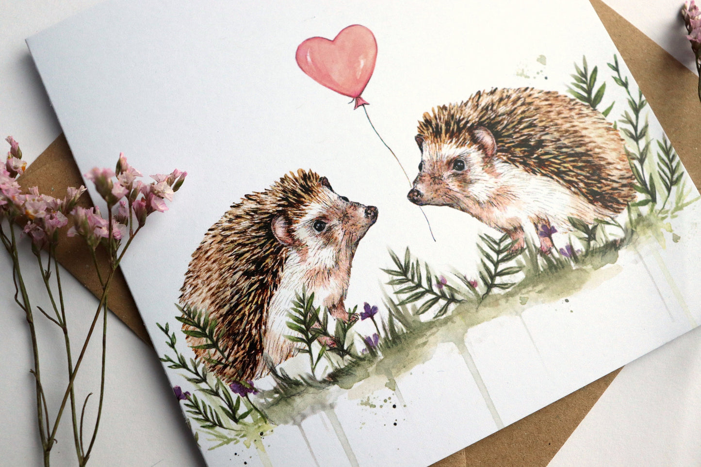 Hedgehogs Greetings Card, Watercolour Hedgehog Valentines Couple Anniversary Birthday Balloon Illustrated Card