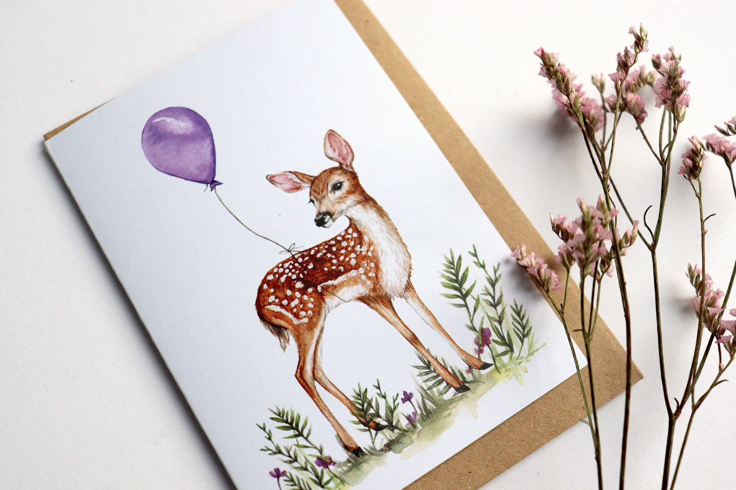 Florence the Fawn Greetings Card, Watercolour Illustrated Deer With Balloon, Animal Birthday Card For Mum Sister Friend A6