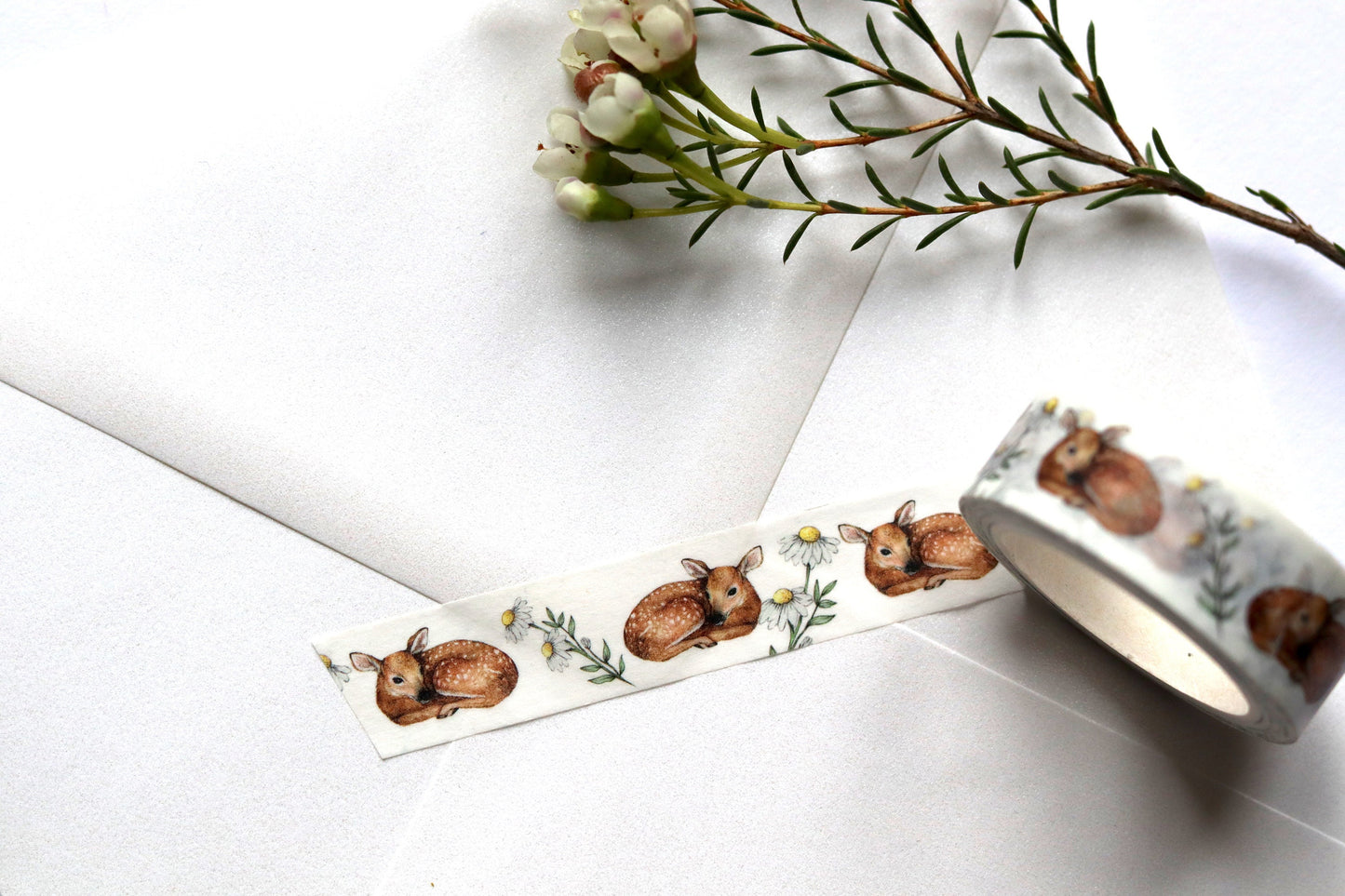 Floral Deer Washi Tape, Watercolour Woodland Animal Tape, Illustrated Fawn Stationery Gift