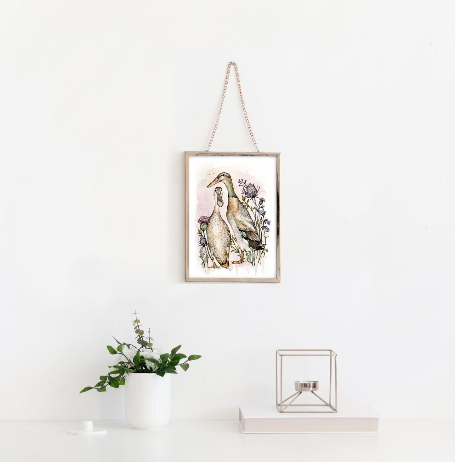 Indian Runner Ducks - Wild Flowers Watercolour Thistles Bird Illustration Fine Art Print - 8x10" 5x7"