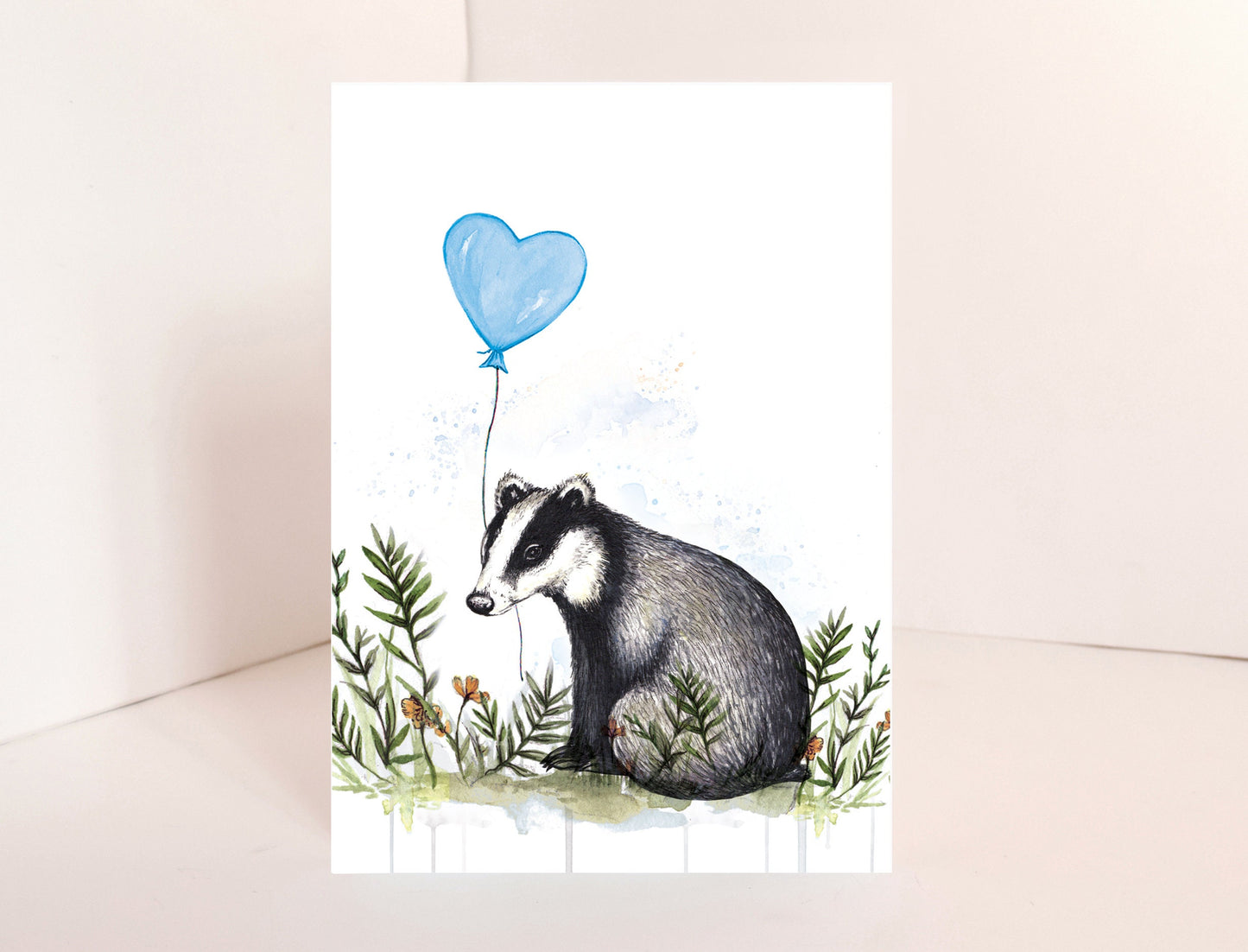 Bertie Badger Birthday Card, Woodland Animal Balloon Cute Watercolour Illustrated Greetings Card A6
