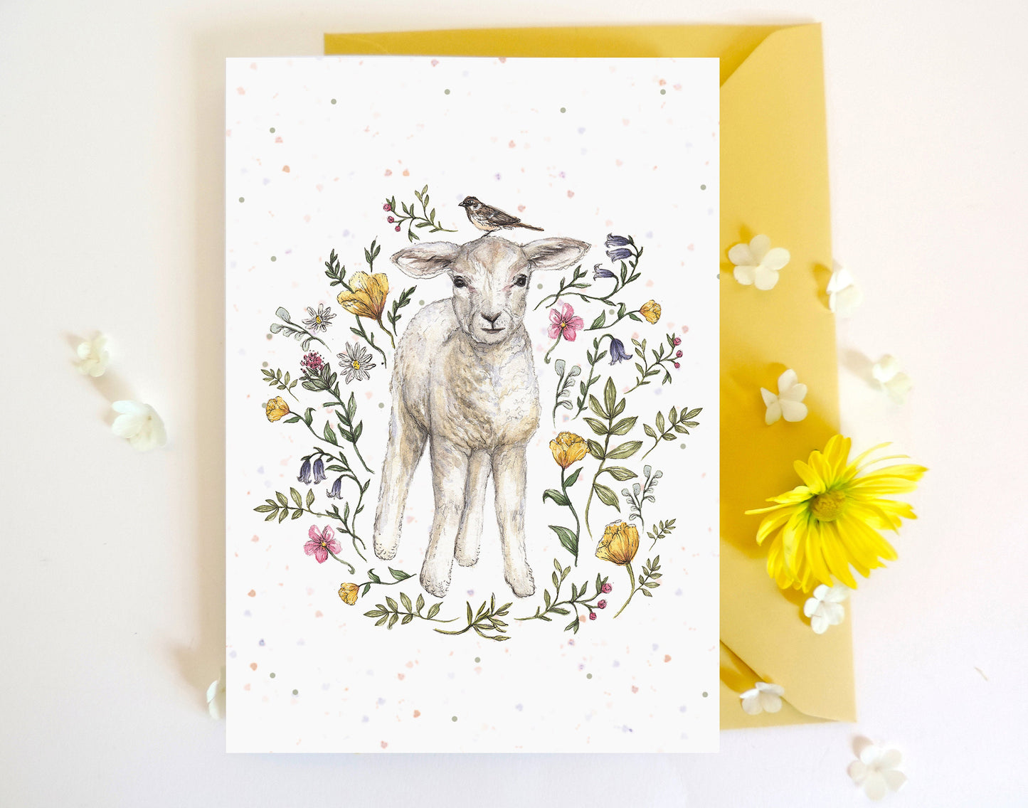 Leo the Lamb Floral Greetings Card Easter Birthday Watercolour Illustrated Baby Animal Cute Card A6