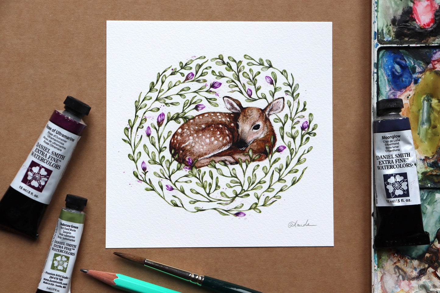 Watercolour Deer Print Square Print Illustration, Fawn Print, Botanical Art, Nursery Art, Nature Floral Art Print - 8x8" 7x7" 5x5"