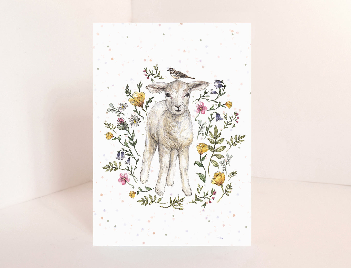 Leo the Lamb Floral Greetings Card Easter Birthday Watercolour Illustrated Baby Animal Cute Card A6