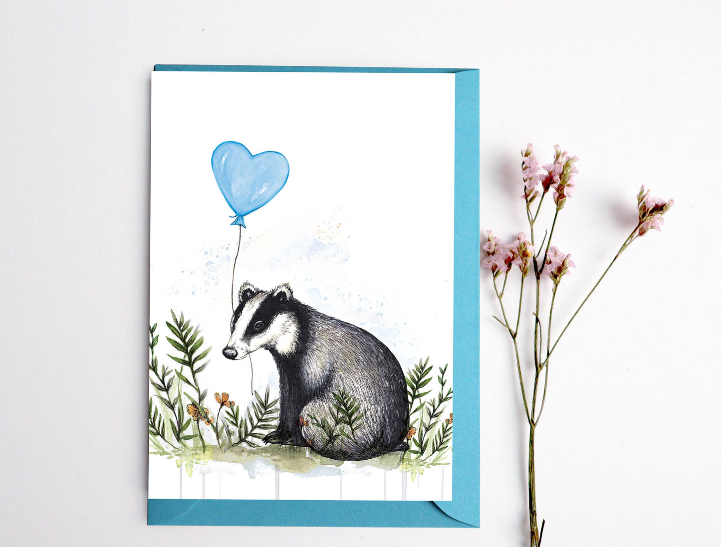 Bertie Badger Birthday Card, Woodland Animal Balloon Cute Watercolour Illustrated Greetings Card A6