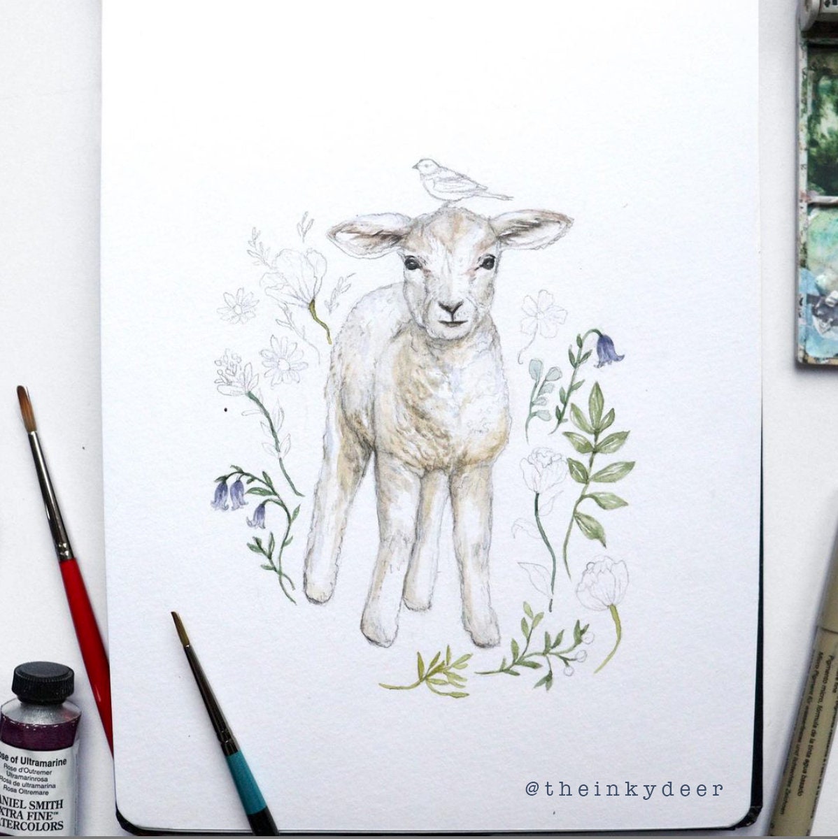 Leo the Lamb Floral Greetings Card Easter Birthday Watercolour Illustrated Baby Animal Cute Card A6