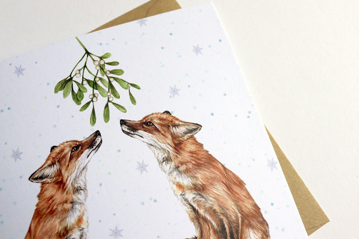 Mistletoe Gazing Foxes Christmas Card, Woodland Animals Xmas, Watercolour Couple Greetings Card