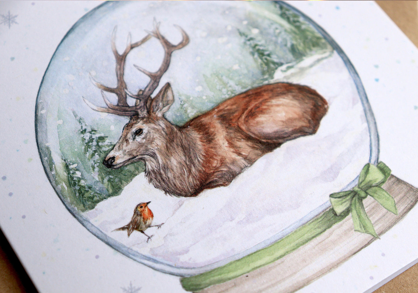 Snow Globe Stag Christmas Card, Woodland Animals Xmas, Magical Snowy Illustrated Watercolour Deer Greetings Recycled Card