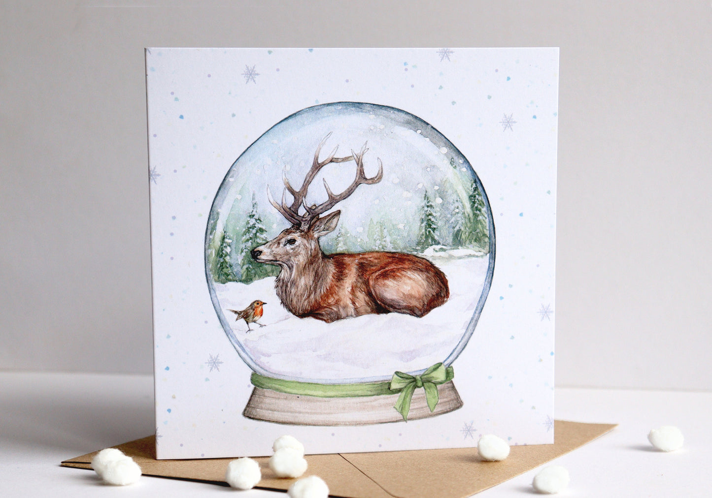 Snow Globe Stag Christmas Card, Woodland Animals Xmas, Magical Snowy Illustrated Watercolour Deer Greetings Recycled Card