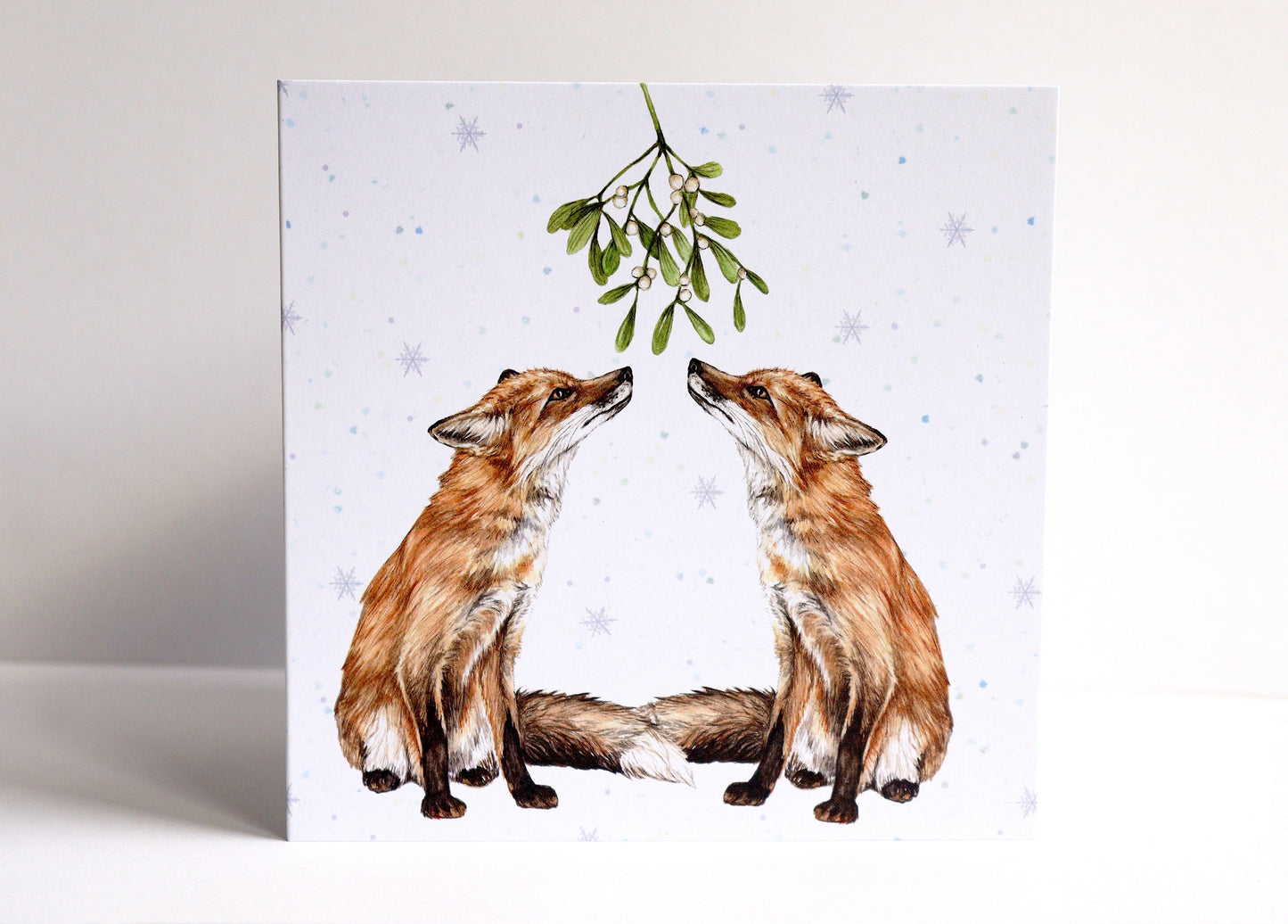 Mistletoe Gazing Foxes Christmas Card, Woodland Animals Xmas, Watercolour Couple Greetings Card