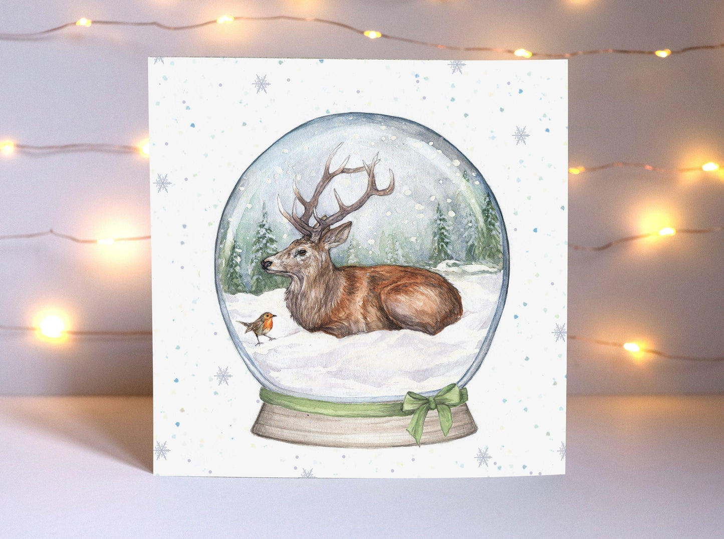 Snow Globe Stag Christmas Card, Woodland Animals Xmas, Magical Snowy Illustrated Watercolour Deer Greetings Recycled Card