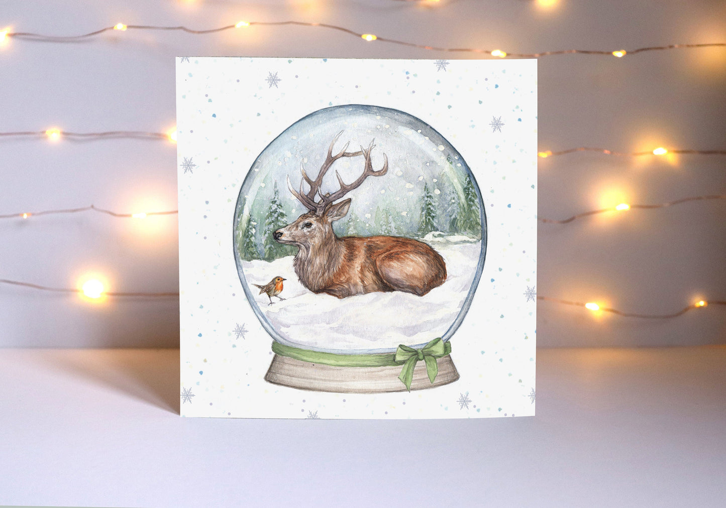 Winter Woodland Animals Christmas Card Pack, Watercolour Xmas, Snowglobe Stag Deer Fox Illustrated Greetings Cards
