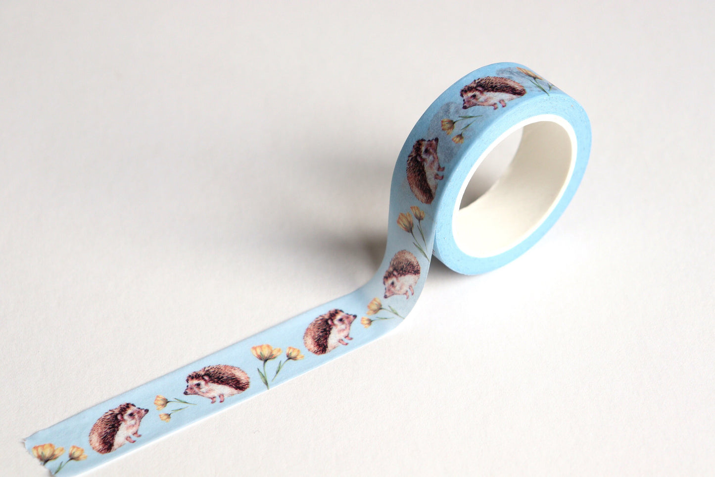 Hedgehog Washi Tape Buttercup Floral, Scrapbook Journal, Watercolour Cute Woodland Animal Blue Tape, Illustrated Stationery Gift